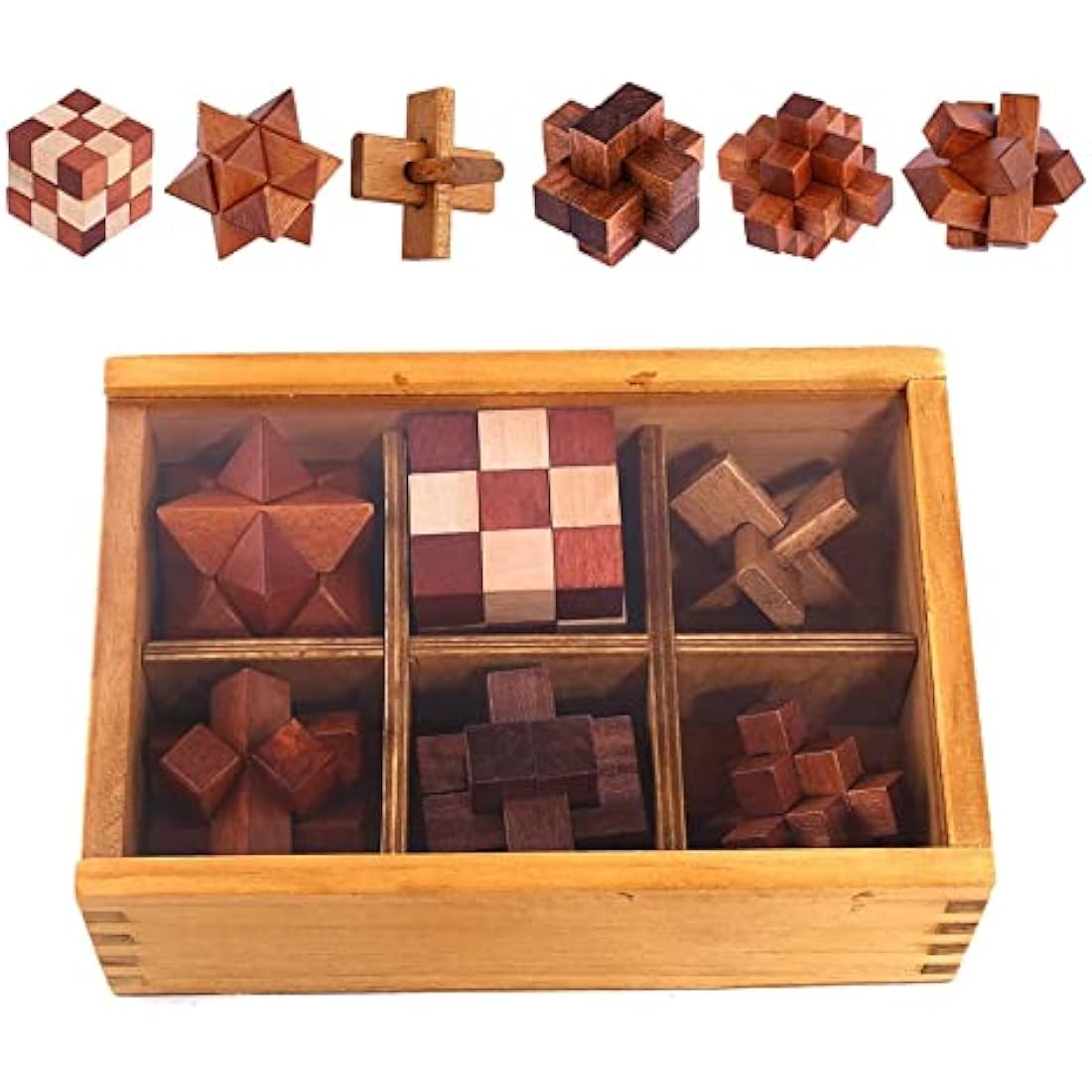 Holzsammlung Set of 6 3D Wooden Brain Teaser Puzzles, IQ Challenge Puzzle Games, Small Logic Mind Puzzle Box Toy Removing Assembling Lock Puzzle Gift Set for Adults Teenagers Kids, 1.8inch 4.5cm