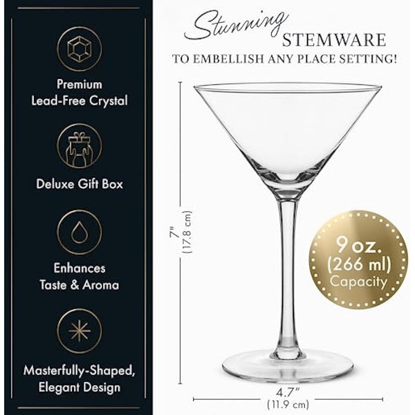 ELIXIR GLASSWARE Martini Glasses Set of 4 - Hand Blown Crystal Martini Glasses with Stem - Elegant Cocktail Glasses for Bar, Martini, Cosmopolitan, Manhattan, Gimlet, Pisco Sour 9oz, Clear