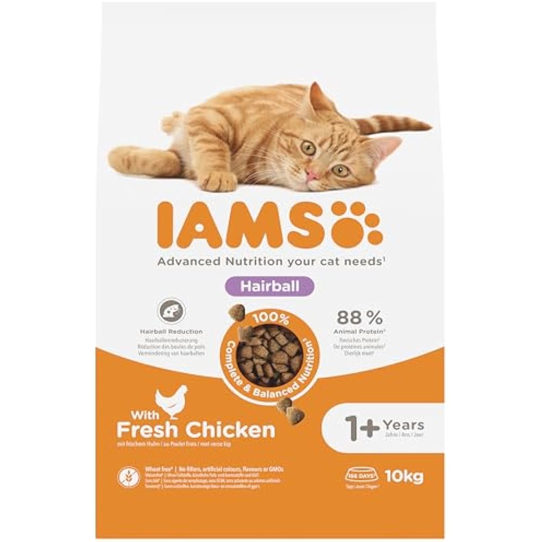 IAMS Hairball Complete Dry Cat Food Chicken 10kg - Significantly Reduces Hairball Formation