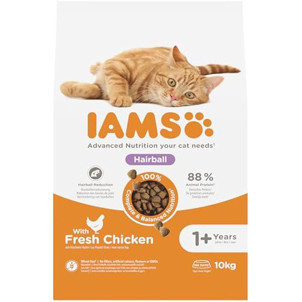 IAMS Hairball Complete Dry Cat Food Chicken 10kg - Significantly Reduces Hairball Formation