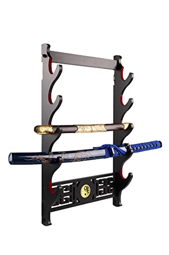 Dfdvye Sword Holder Katana Wall Mount - 5-Tier Tai Chi icon Velvet Padded Katana Holder Samurai Sword Display Rack Wand Lightsabe Wakizashi Sword