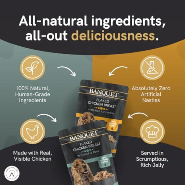 HiLife Banquet Adult Wet Dog Food, Flaked Chicken Breast with Rice & Tuna / Flaked Chicken Breast with Rice & Pumpkin, 100% Natural Ingredients (30 Pouches x 100g)