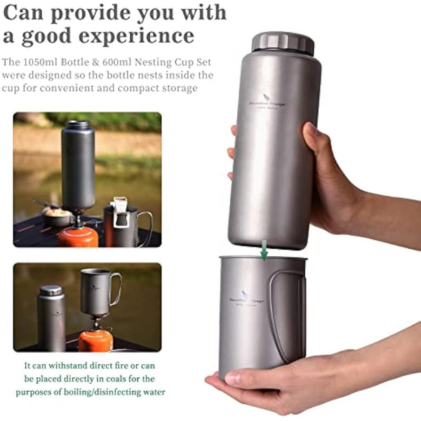 iBasingo 1050ml Titanium Bottle with 600ml Nesting Cup Outdoor Camping Single Layer Wide Mouth Cookware Lightweight Portable Big Capacity Bottle Mug Set Hiking Picnic Solo Cooking Mess Kit Ti3007D