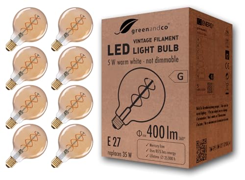 greenandco E27 G95 LED Vintage Filament Bulb 5W Replaces 35W 400lm 2000K Extra Warm White 360 230V, no Flicker, not dimmable, 8-Pack