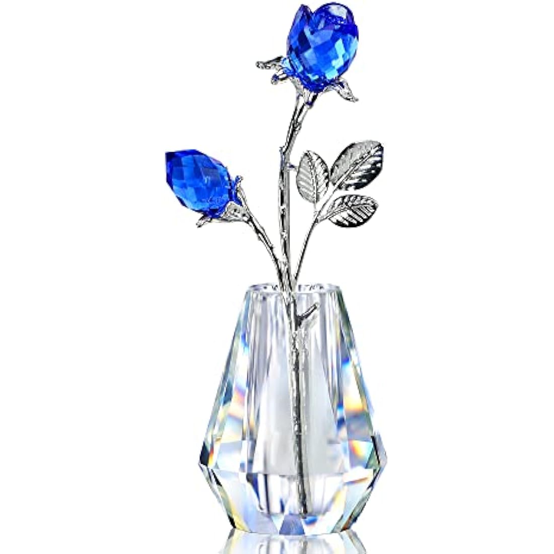 H&D HYALINE & DORA Two Crystal Blue Roses,Crystal Rose Figurine with Silver Pole,Forever Crystal Rose Paperweight Romantic Gift for Her/Wife/Mom/Women