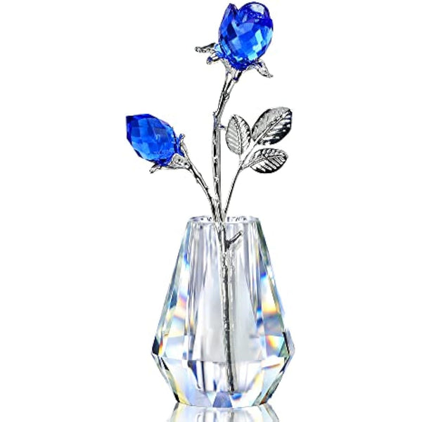 H&D HYALINE & DORA Two Crystal Blue Roses,Crystal Rose Figurine with Silver Pole,Forever Crystal Rose Paperweight Romantic Gift for Her/Wife/Mom/Women