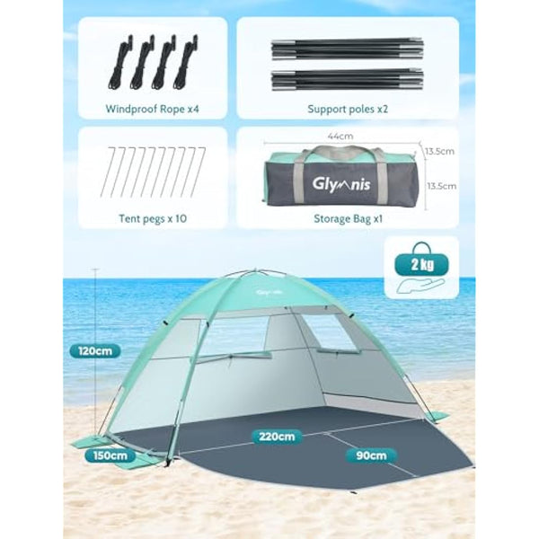 Glymnis Beach Tent Large for 2-3 Person, Portable UV Protection Beach Sun Shelter Lightweight Sun Shade Tent for Beach, Garden, Fishing, Picnic