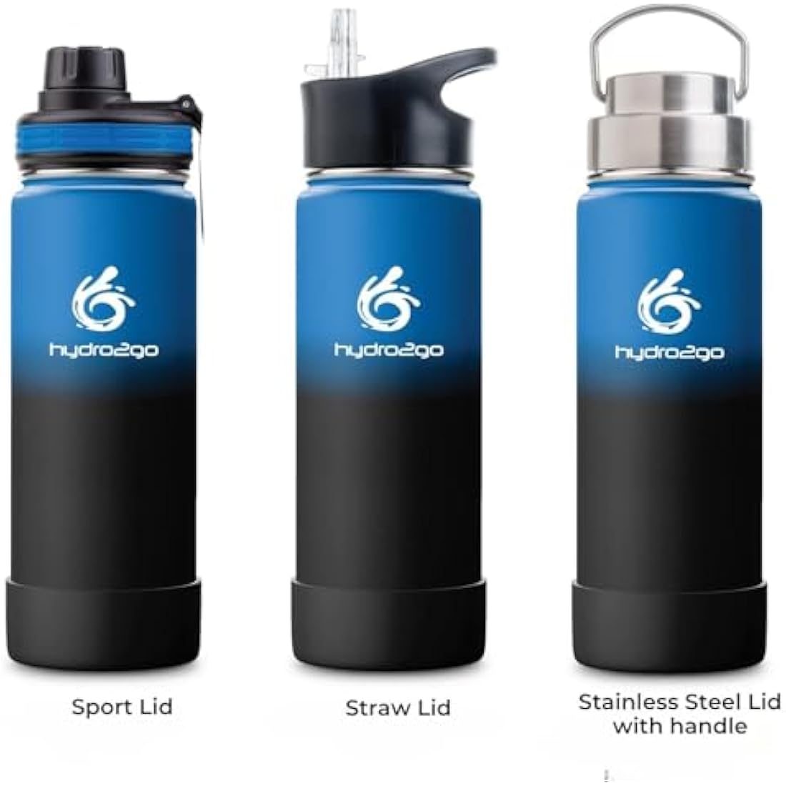 hydro2go Stainless Steel Water Bottle – BPA-Free Bottle for Kids, School, Sports & Outdoor – Keeps Drinks Hot for up to 12H and Cold for up to 24H – Includes 3 Drinking Caps – 530ml (Space)