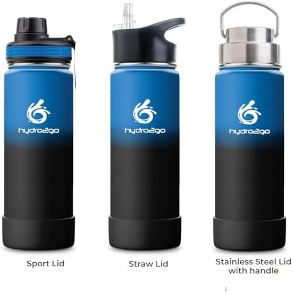 hydro2go Stainless Steel Water Bottle – BPA-Free Bottle for Kids, School, Sports & Outdoor – Keeps Drinks Hot for up to 12H and Cold for up to 24H – Includes 3 Drinking Caps – 530ml (Space)