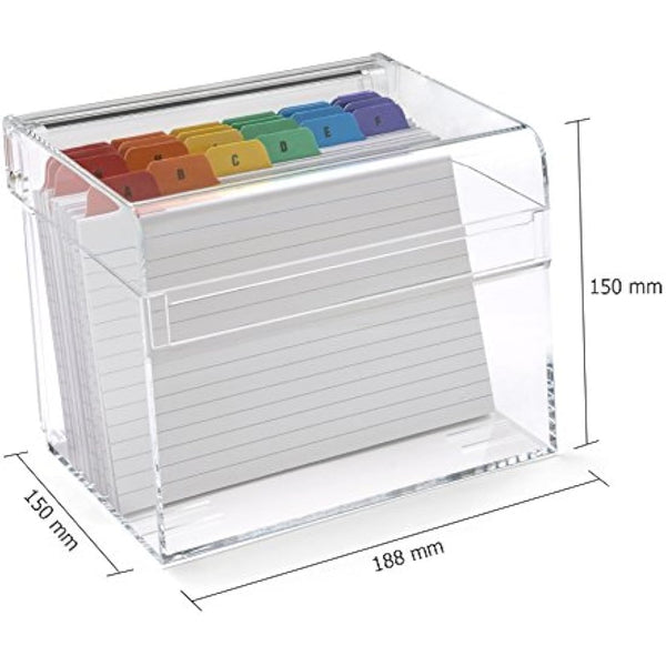OSCO Clear Acrylic Index Box | Large | A to Z Divider Tabs | 100 Lined Note Sheets Included (7" X 5") | Ruled Revision Flash Cards | Recipe Notes | Office Contact Filing | Fits 177 x 127 mm Docs