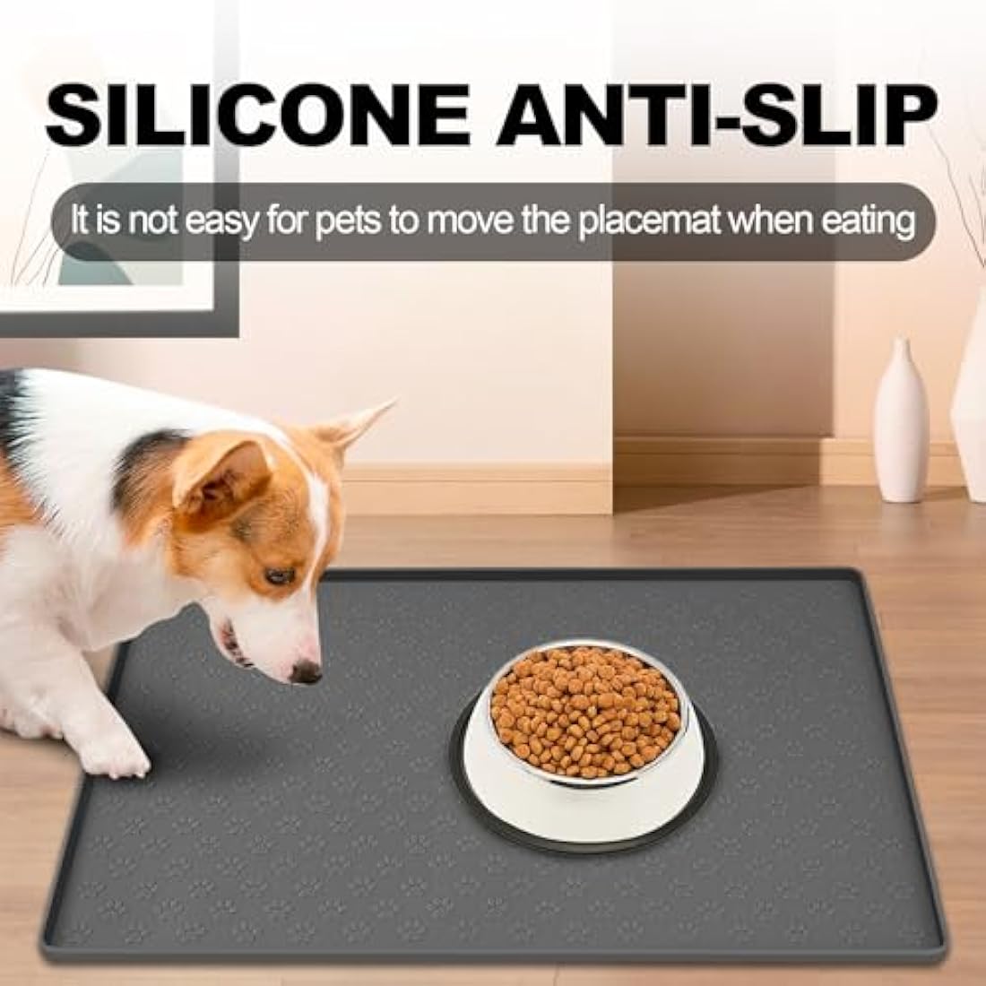 MOACC Dog Food Mat, Silicone Pet Feeding Mat, Non Slip & Waterproof Bowl Mat for Dog and Cat, 47 x 30 cm, Grey Paw Pattern