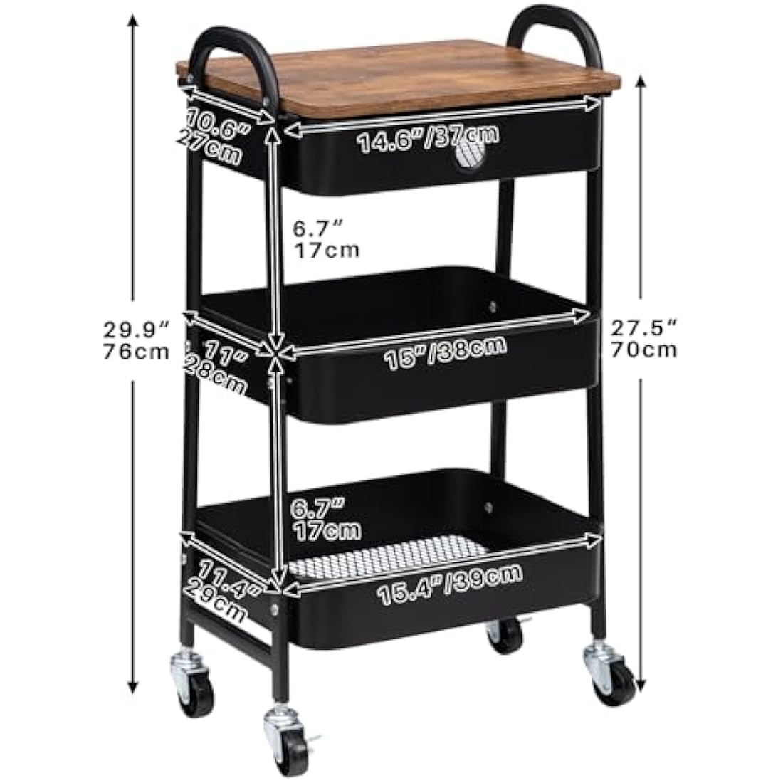 DOEWORKS Metal Storage Cart with Drawer, 3-Tier Trolley Cart on Wheels, Rolling Storage Trolley for Room, Bathroom, Office, Black