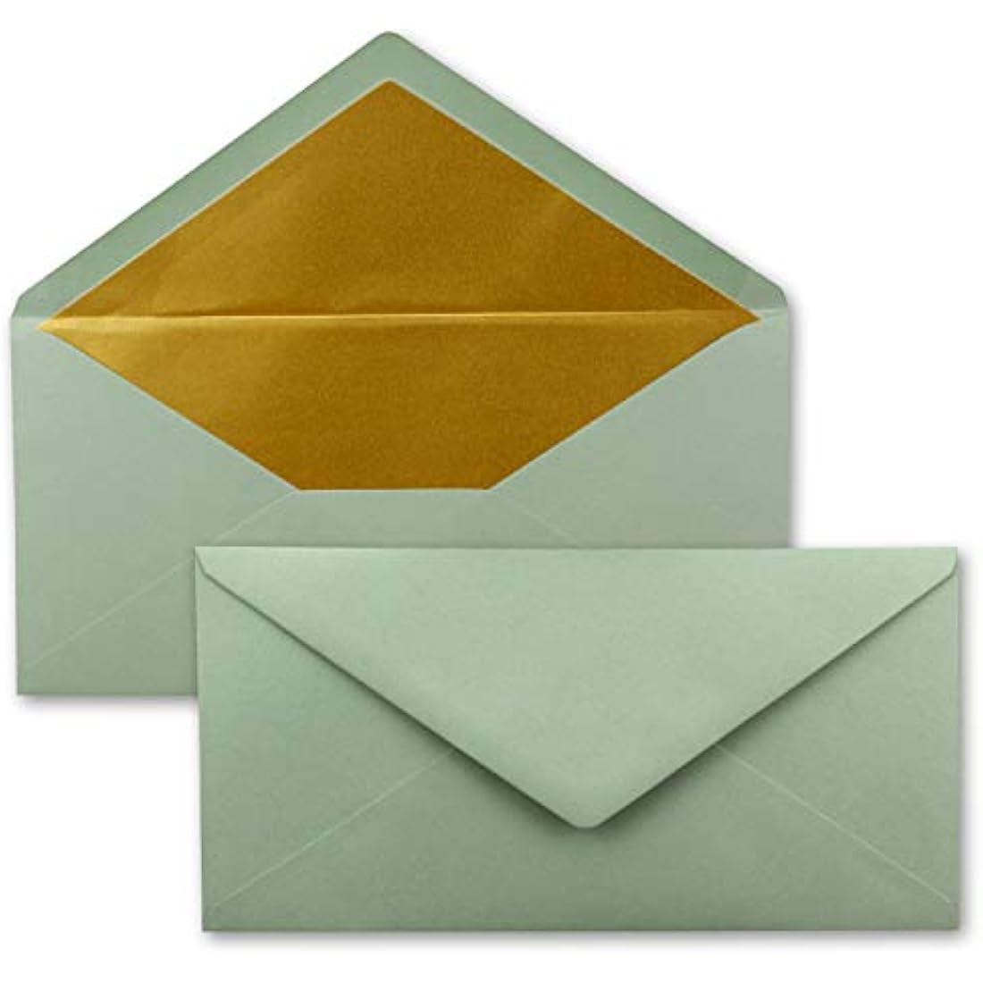 100 envelopes DIN long - Eucalyptus (green) with gold metallic inner lining - 110 x 220 mm - wet glue - festive envelopes for Christmas