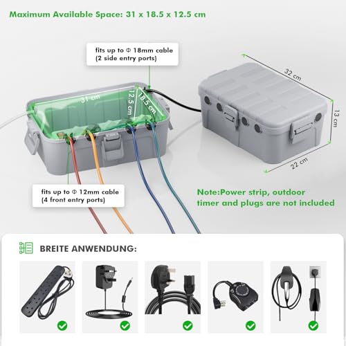 RESTMO Extra Large Waterproof Electrical Box, IP54 Weatherproof Outdoor Outlet Cover, Protect Outlet, Plug, Timer, Power Strip (Not Included), Holiday Light Decoration, 32 x 22 x 13 cm, Black