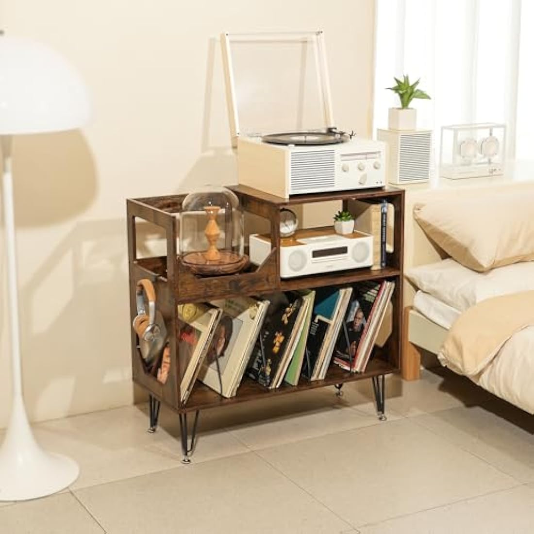 ikkle Large Rustic Record Player Stand, 2 Tier Record Player Table with Vinyl Record Storage, Vinyl Record Storage Cabinet with Metal Legs, Turntable Stand for Living Room, Bedroom, Holds 370 Albums