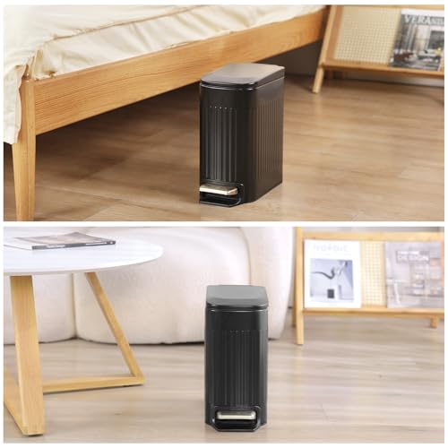 ELPHECO Slim Bathroom Trash Can Foot-Operated Stainless Steel Garbage Can with Soft Close Lid Step Trash Bin with Removable Inner Bucket for Bedroom, Office, Kitchen (Matt Black, 1.8 Gallons)