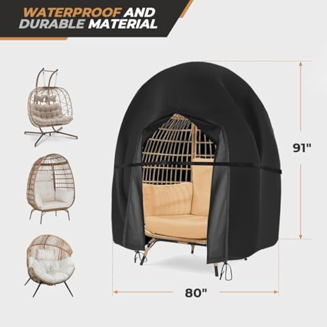 wide smile Double Egg Chair Cover Outdoor Waterproof Heavy Duty Garden Cocoon Wicker Patio 2 Seat Large Egg Swing Chair Pod Cover 420D Oxford Fabric With Zipper and Drawstring 230x200CM Black