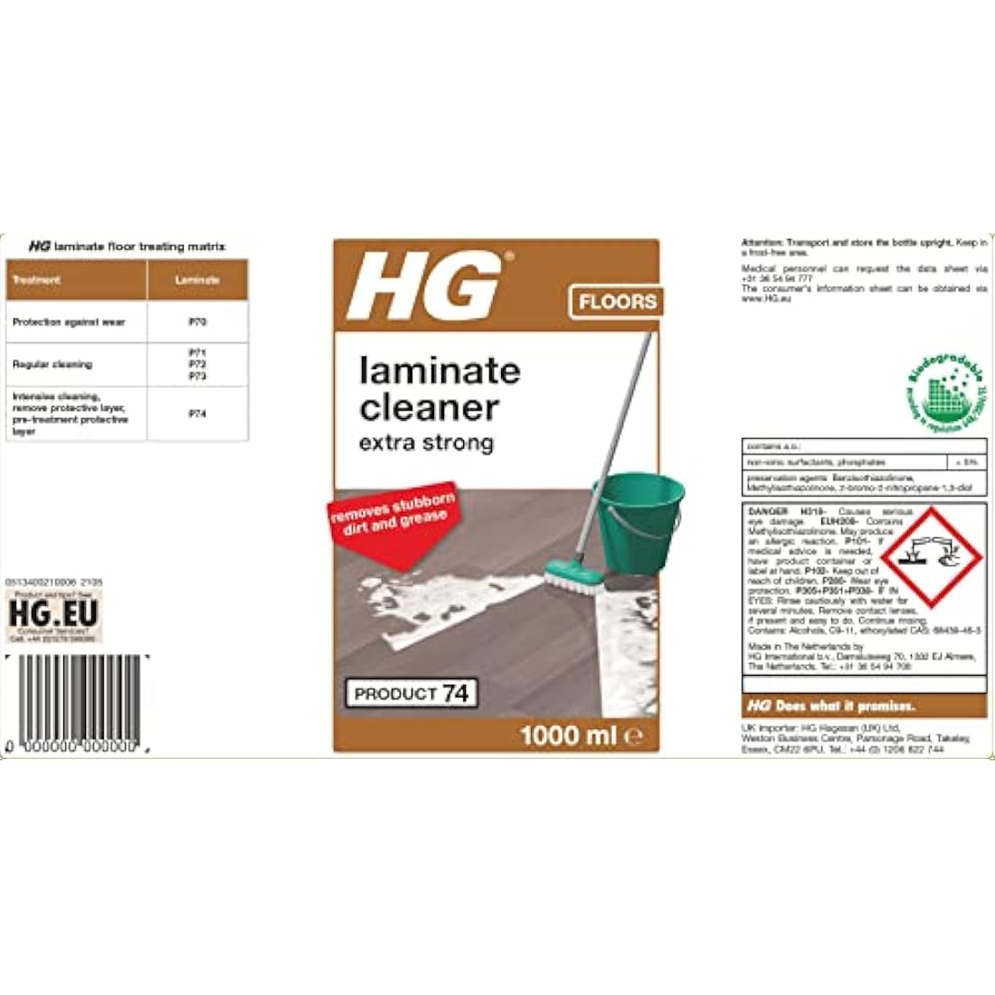 HG Laminate Cleaner Extra Strong, Powerful Laminate Floor Cleaner & Faux Wood Stain Remover for Flooring, Highly Concentrated LVT Floor Cleaner & Vinyl Floor Cleaner - 1 Litre