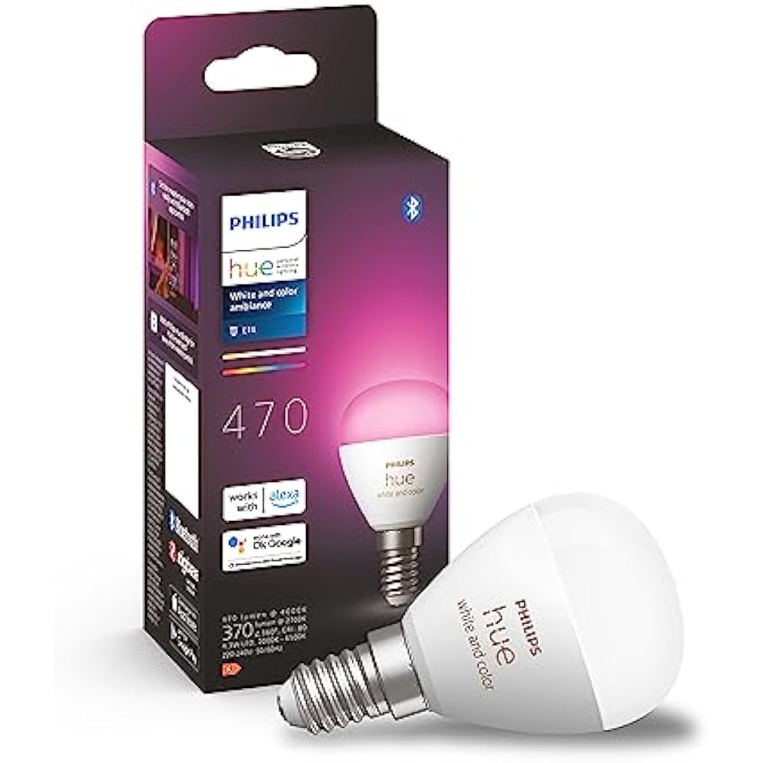 Philips Hue White and Colour Ambiance Luster Smart LED Light Bulb 1 Pack [E14 Edison Screw] for Indoor Home Lighting, Livingroom, Bedroom.