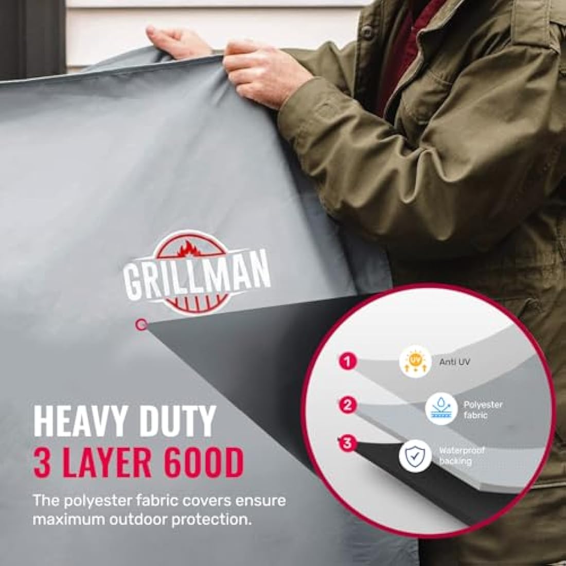 Grillman Heavy Duty BBQ Cover - 147 x 61 x 122 cm Waterproof Barbeque Cover - Rip-Proof, Wind-Resistant Outdoor Gas Grill Covers - BBQ Covers Compatible with Weber, Char Broil, Nexgrill - Grey