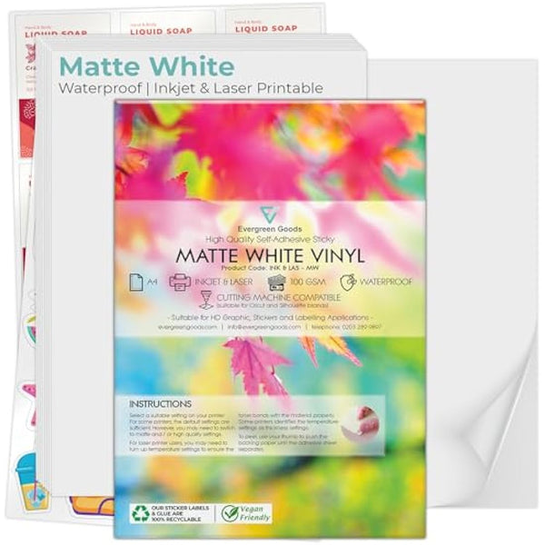 Evergreen Goods 100 Sheets A4 Water Resistant Vinyl Sticker Paper, Self-Adhesive Matte White PVC Sticker Sheets, 200 GSM, Inkjet & Laser Printable, Perfect for Custom Labels & High-Resolution Stickers