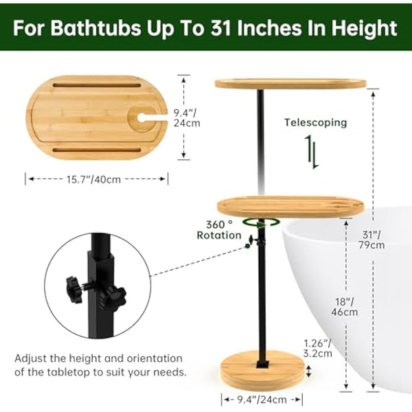 NiHome Bamboo Swivel TV Tray Table with Thickened Stable Non-Tipping Base,Adjustable Height Couch Table Tray,End Table,Bath Tub Side Tray Table with 360° Rotating for Hot Tub Bedside Sofa Balcony