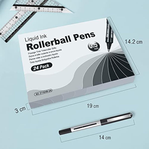 AKARUED Rollerball Pens 24 Pack Black Gel Pens, 0.5mm Liquid Ink Rollerball Pen, Quick-Drying Ballpoint Pens Writing Pens for Bullet Journal, Notebook. School & Office Accessories for Students Adults