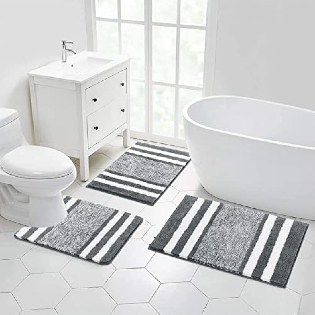 Pauwer 3 Pieces Luxury Bath Mat and Pedestal Mat Set Super Soft Microfiber Fluffy Bathroom Rug Machine Washable Absorbent Shower Rugs for Bathroom