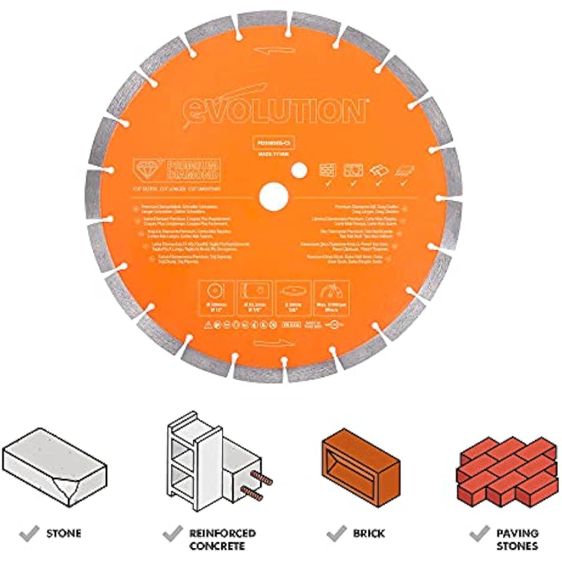 Evolution Power Tools PD300SEG-CS Premium Multi Material Diamond Blade For Disc Cutters - Longer Blade Life - Ideal for Cutting Brick, Roof Tile, Paving, Reinforced Concrete and More, 300mm