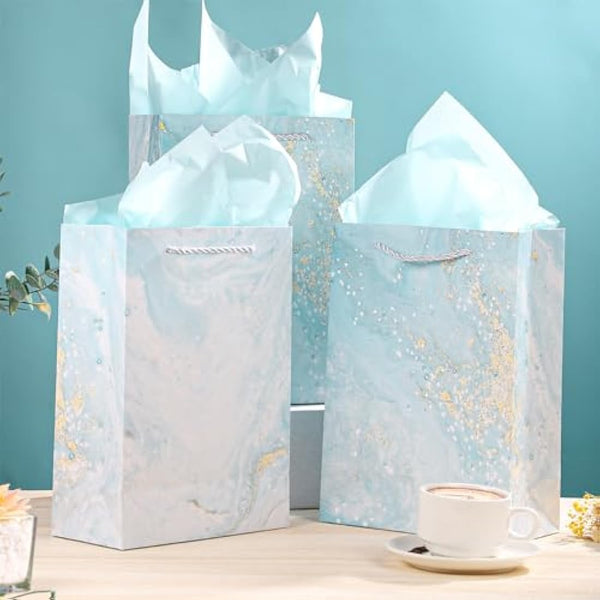 10 Pieces Gift Bag Medium Size Present Bag with Handle 10 Tissue Paper Gift Bags for Birthday Party 20X 10 X 28 cm Marbling Design