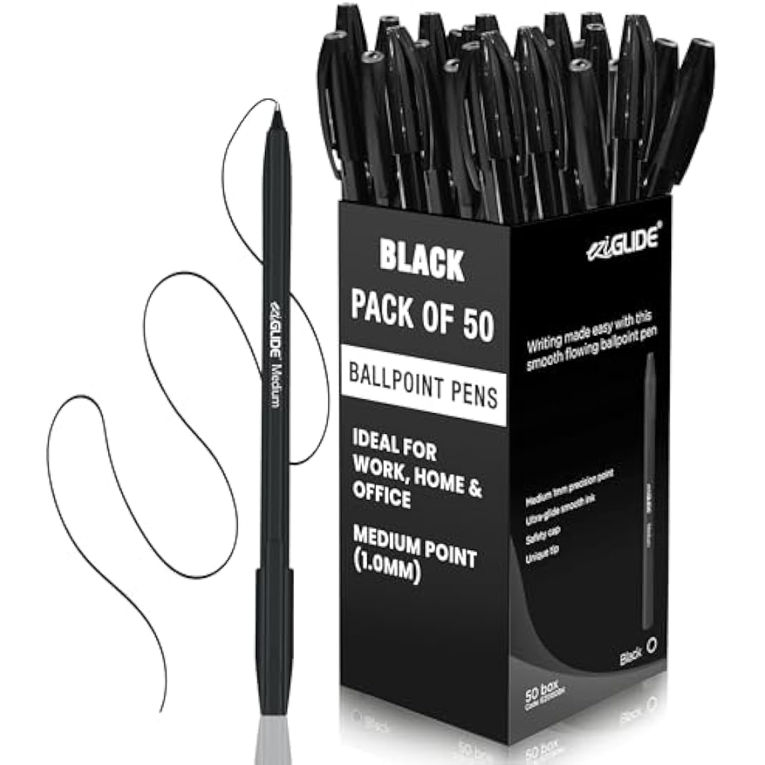 Eziglide Ballpoint Pens Black Ink 50-Pack – Black Biro Pens Multipack with Medium Point (1.0mm) for Effortless, Smooth Handwriting & Consistent Flow – Black Pens for School, Home, Office Supplies