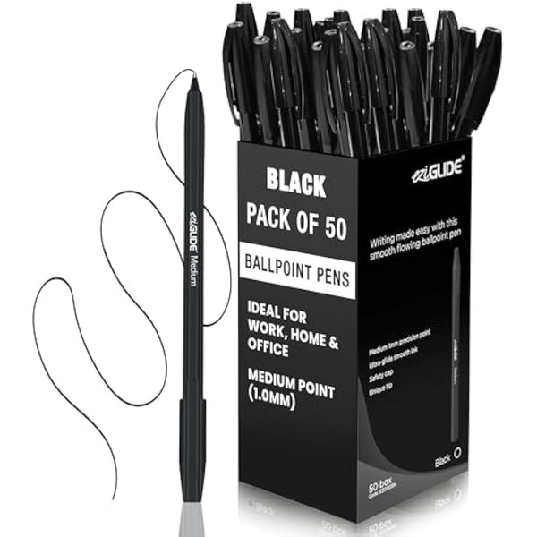 Eziglide Ballpoint Pens Black Ink 50-Pack – Black Biro Pens Multipack with Medium Point (1.0mm) for Effortless, Smooth Handwriting & Consistent Flow – Black Pens for School, Home, Office Supplies