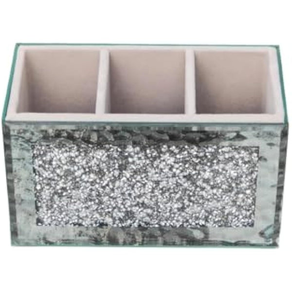 EagleWiz Crushed Diamond Jewel Brush Holder Organiser Beauty Box, 3 Compartment Makeup Storage Box, Silver