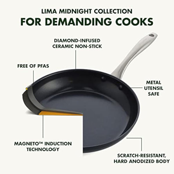GreenPan Lima Midnight Hard Anodized Healthy Ceramic Non-Stick, 5-Piece Set, Includes Frying Pan, Saucepan, & Nylon and Slotted Turner, PFAS-Free, Induction Suitable, Oven Safe, Black