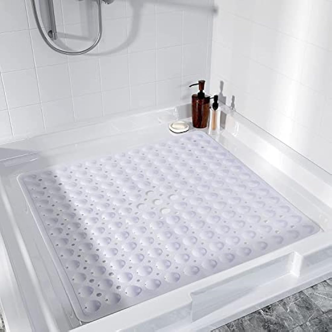 MOONLIGHT20015 Square Shower Mat Non Slip Anti Mould - 53x53cm Rubber Bath Mat PVC Shower Mats for Inside Shower with Strong Suction Cups Grip and Drain Holes - Soft Touch Machine Washable (White)