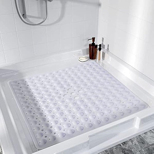 MOONLIGHT20015 Square Shower Mat Non Slip Anti Mould - 53x53cm Rubber Bath Mat PVC Shower Mats for Inside Shower with Strong Suction Cups Grip and Drain Holes - Soft Touch Machine Washable (White)