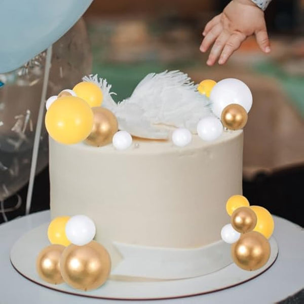 Gyufise 30Pcs Balls Cake Topper Mini Balloons Cupcake Topper DIY Cake Insert Topper Foam Cake Balls Baking Decoration for Wedding Anniversary Valentines Day Birthday Party Yellow Gold White