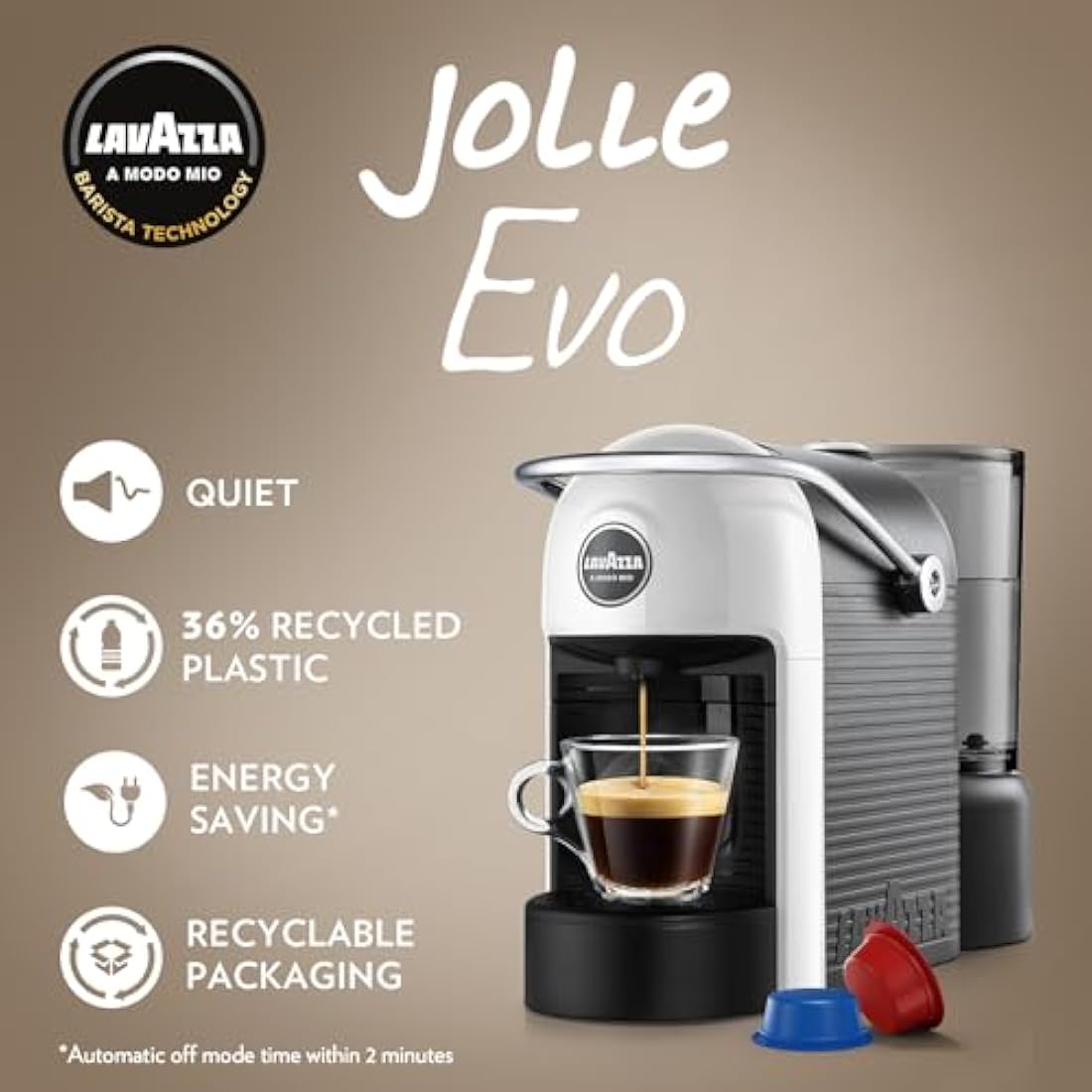 Lavazza, A Modo Mio Jolie EVO, Coffee Capsule Machine, Made from 36% Recycled Plastic, Compatible with A Modo Mio Pods, with Removable Cup Rest, Automatic Shut-Off, 1250 W, 220–240 V, 50–60 Hz, White