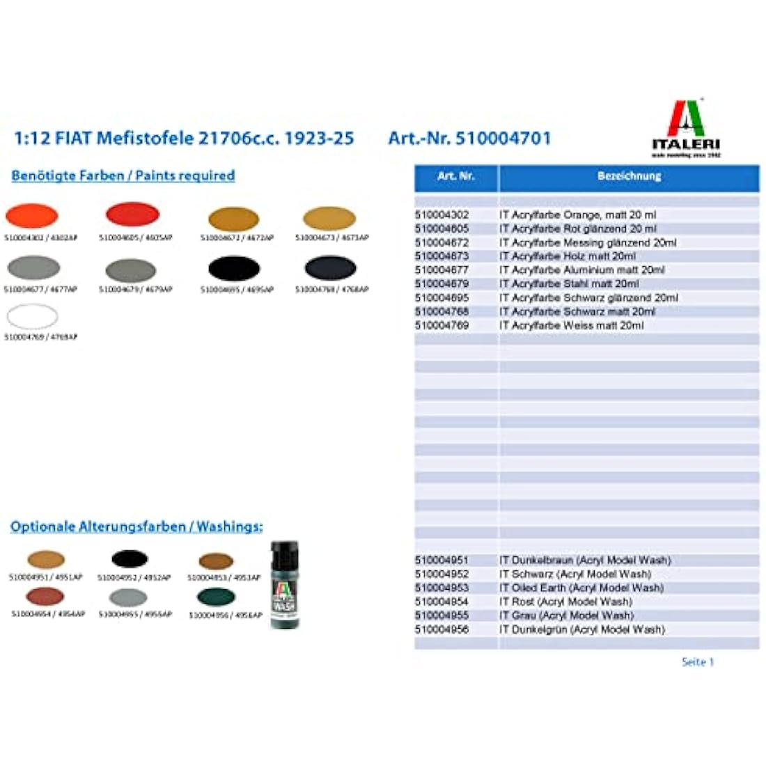 Italeri 510004701 1: 12 Scale Fiat Mefist Ofele 21706 °C.c. 1923 25, Vehicle