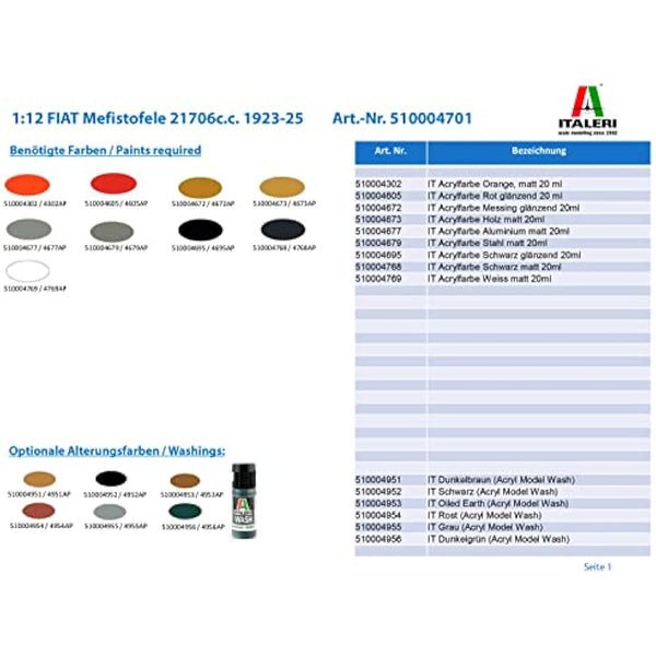 Italeri 510004701 1: 12 Scale Fiat Mefist Ofele 21706 °C.c. 1923 25, Vehicle