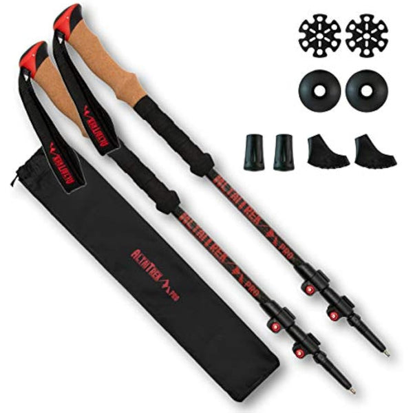 ALTAITREK PRO Telescopic carbon fiber trekking poles with quick locking system, ultralight for hiking, mountain, camping. Natural cork handle. Sticks. Baton. Pair