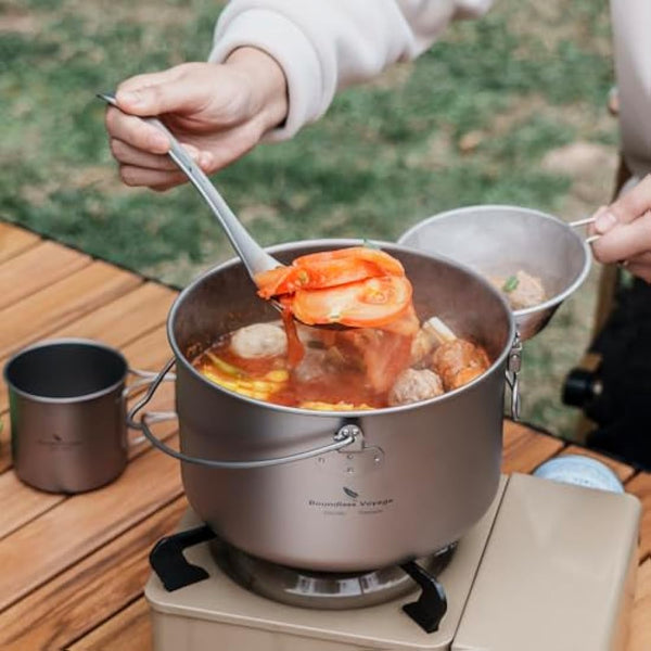 iBasingo 2.9L Titanium Campfire Cooking Pot Camping Cookware Tripod Cooking Pot with Lid Outdoor Lightweight Large Capacity Hiking Picnic Travel Bush Portable Hanging Saucepan Ti2045C