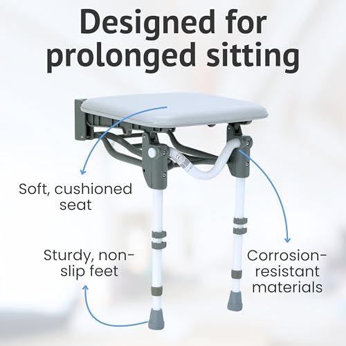 Homecraft Padded Shower Stool – Adjustable Height Water Seat, Ergonomic Folding Shower Chair for Adults, Non Slip Bathroom Stool, Plastic Perching Stool for Elderly, Compact Bathroom Stool