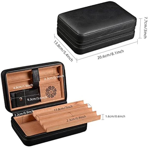 6-Finger Cigar Travel Humidor Cigar Case with Triple Flame Cigar Lighter, Leather Cigar Box with Round Humidifier, Cigar Punch and Dropper, Cedar Wood Humidor Cigar Box Gift Box Storage Box（Black）