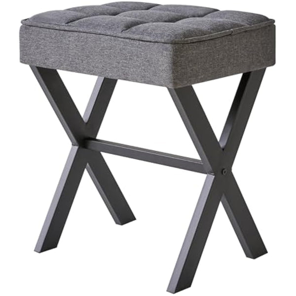IBUYKE Square Makeup Stool with X-Leg Foot Rest, Linen Footrest Stool, Ottoman Seat Vanity Stool, Multi-Use as Small Side Table, for Bedroom, Living Room, Dark Gray L/G-70G