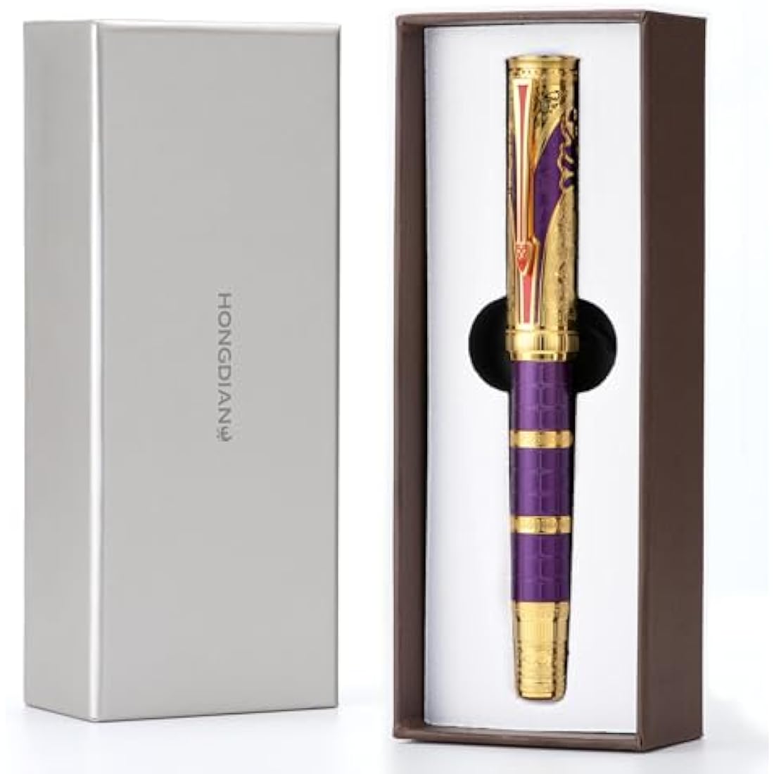 Hongdian D5 Qin Dynasty Fountain Pen - Purple Gold, Fine Nib, Piston Filling, Retro Chinese Totem Engraving, Smooth Writing with Pen Box Set