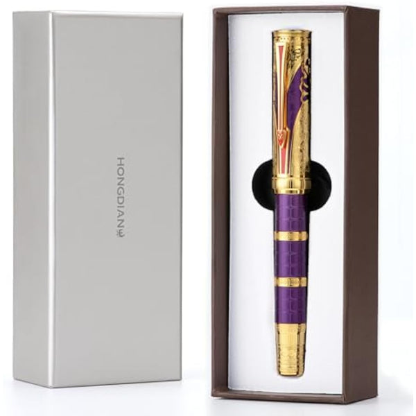Hongdian D5 Qin Dynasty Fountain Pen - Purple Gold, Fine Nib, Piston Filling, Retro Chinese Totem Engraving, Smooth Writing with Pen Box Set