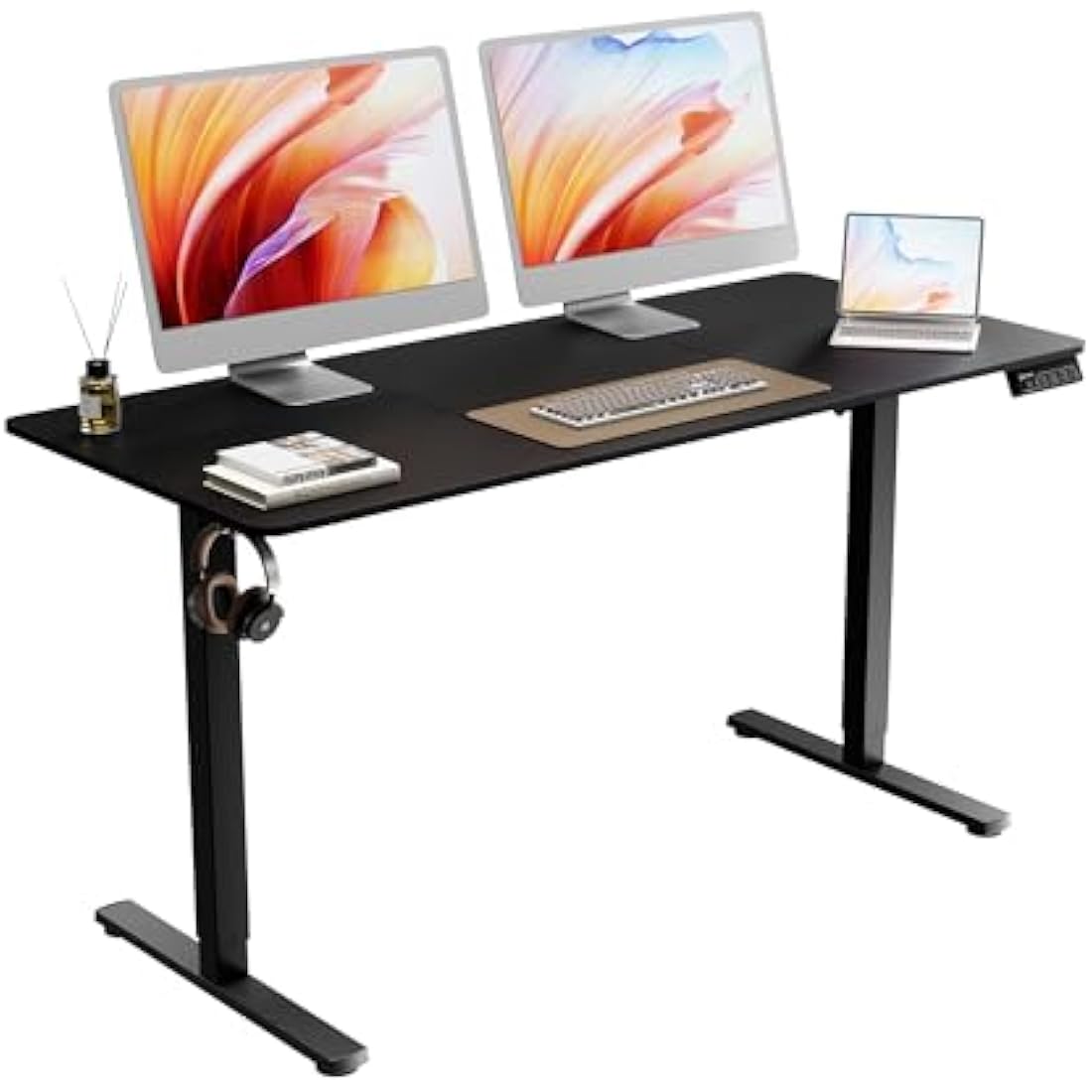 ERGOMAKER Electric Standing Desk 140x60cm (55.1"x23.6"), Height Adjustable Standing Desk with Splice Board, Stand Up Desk with Backpack Hook and Memory Smart Handset(Black Frame + Black Desktop)