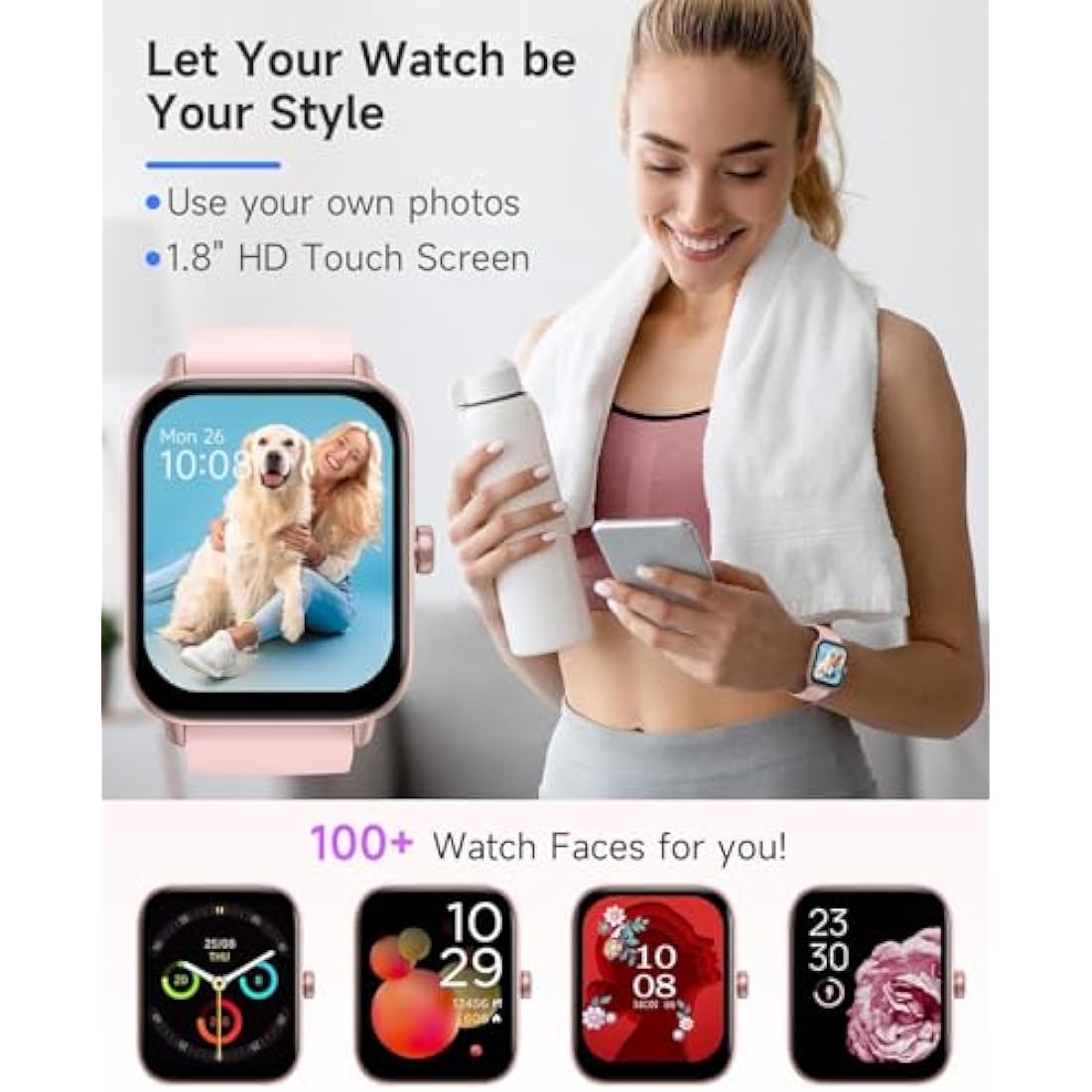 TOOBUR Smart Watch for Women Alexa Built-in, IP68 Waterproof Swimming, 1.8" Fitness Watch with Answer&Make Call/Heart Rate/Step Counter/Sleep Tracker/100 Sports, Compatible Android iOS