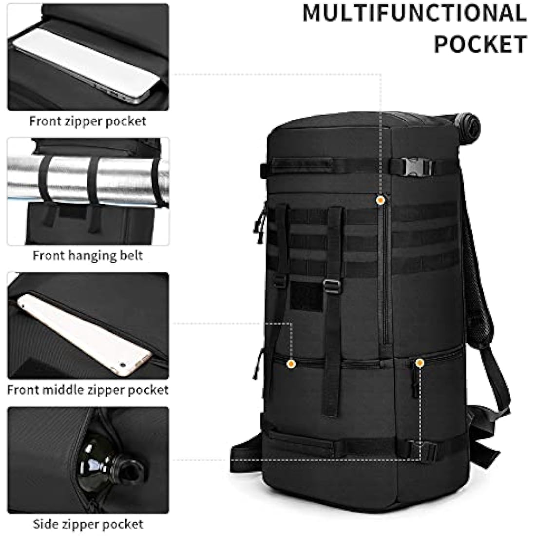 Explokit Tactical Backpack 30L 40L 50L Military Hiking Bag MOLLE Army Range Bags for Hunting Travelling Camping Outdoor Sports (#50L-Black)